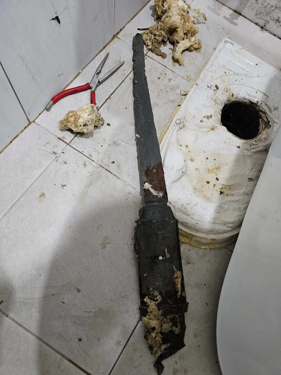 Rusted sword retrieved from a toilet drain